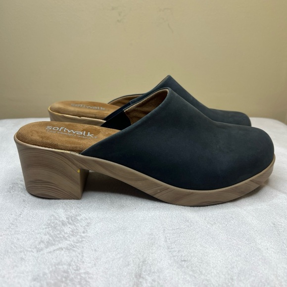 SoftWalk Felida Nubuck Suede Clogs Womens 11 Wide Blue Slip On Block Heel - Picture 1 of 14